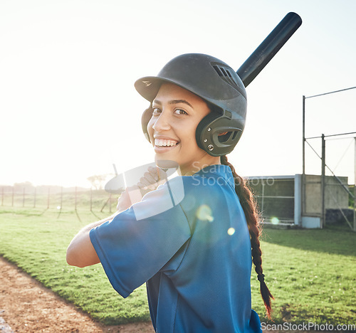 Image of Baseball portrait, bat and a woman outdoor on a pitch for sports, performance and competition. Professional athlete or softball player happy about a game, training or exercise challenge at stadium