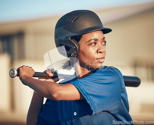 Image of Sports, baseball player or black woman with a bat, fitness or game with power strike, hit or swing. Person, health or athlete in club competition, practice match or softball with training or exercise