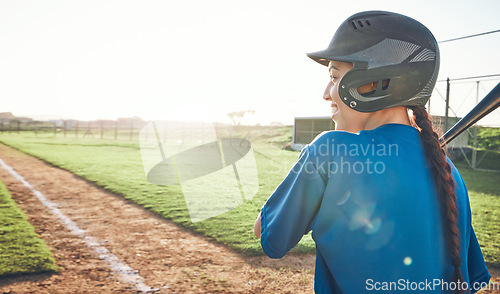 Image of Baseball, bat and a woman outdoor on a pitch for sports, performance and competition. Professional athlete or softball player happy for a game, training or exercise banner or space at a stadium