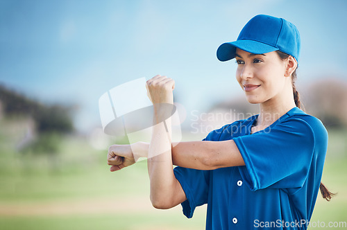 Image of Baseball, fitness and woman stretching, game and training in uniform, exercise and health. Person, softball player and athlete stretch arms, competition and warm up for match with wellness and sports