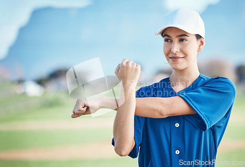 Image of Outdoor, fitness and woman stretching, thinking and player training, uniform and warm up for workout. Person, field and athlete stretch arms, health and exercise for wellness, sports and game