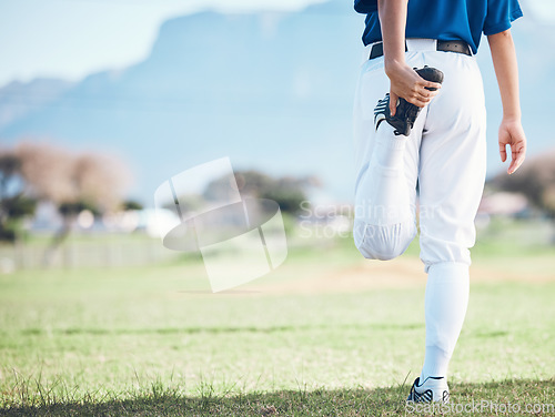 Image of Back, baseball and athlete stretching legs at field outdoor in healthy body exercise. Warm up, hands and person prepare in sports training, wellness workout and fitness to start softball mockup space