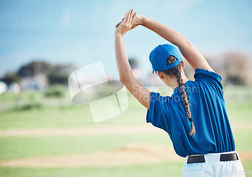 Image of Back, stretching and a woman on a field for baseball, training for sports or fitness with mockup. Space, nature and an athlete or person with a warm up for exercise and ready to start a game