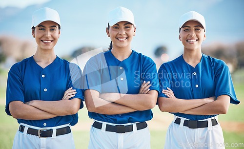 Image of Softball, portrait and women team smile or ready for outdoor sports match, game and competition group together. Proud, teamwork and players in solidarity for fitness training and workout on a field