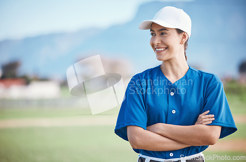 Image of Sports, baseball and woman with arms crossed on a field for training, match or fitness goals on blurred background. Happy, softball and female coach at park with motivation, proud or positive mindset