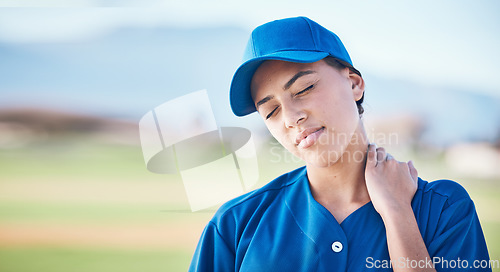 Image of Neck pain, baseball and face of sports woman with fitness injury from competition challenge, field workout or exercise. Emergency problem, training accident and female player with muscle anatomy