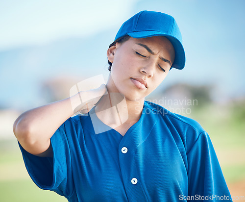 Image of Neck pain, baseball player and face of sports woman with injury from competition, match game or field workout. Training mistake, athlete burnout or person with hurt problem, medical emergency or risk