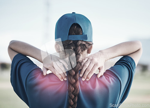 Image of Spine injury, sports person and back pain from baseball player mistake, inflammation or fitness risk. First aid problem, match accident and athlete with fibromyalgia, backache strain or body burnout