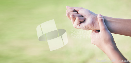 Image of Wrist pain, sports person and hands injury from grass pitch challenge, lawn field workout or exercise problem or mistake. Medical emergency mockup, joint sprain or closeup athlete with muscle anatomy