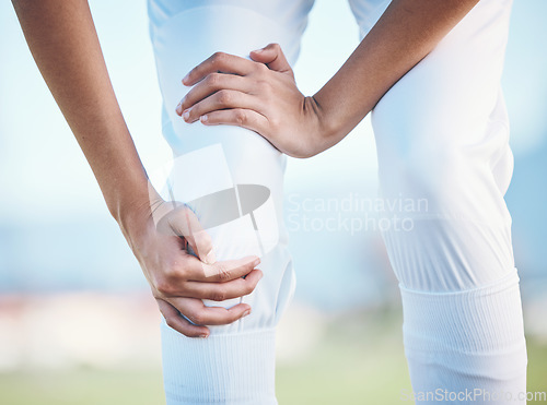 Image of Injury, sports person or knee pain from running problem, baseball player mistake or fitness burnout risk. Bad joint, orthopedic or closeup athlete legs with match accident, strain or first aid crisis