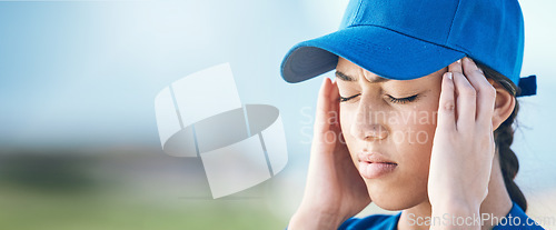 Image of Baseball burnout, banner and a woman with a headache from sports fail, mistake or training. Anxiety, mockup space and an athlete with pain or a migraine from a softball contest, competition or loss