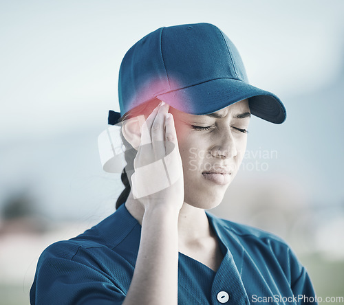 Image of Woman, baseball and headache in stress, injury or burnout from outdoor sports accident. Frustrated female person, player or athlete with migraine, tension or strain and inflammation on pitch or field