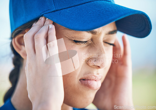 Image of Woman, baseball and headache in stress, mistake or burnout from sports injury or outdoor accident. Upset female person, player or athlete with migraine, tension or strain under pressure on the field