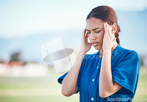 Image of Baseball burnout, stress and a woman with a headache from sports fail, mistake or training. Anxiety, fitness and an athlete with pain or a migraine from a softball contest, competition or loss