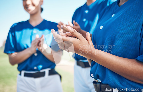 Image of Baseball team hands, sports and celebration applause for congratulations, match winner or competition support. Player achievement, wow success and group of people clapping, praise and teamwork goals