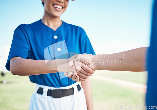 Image of Baseball player, sports and fitness team hand shake for partnership, teamwork or welcome greeting at match competition. Closeup, athlete and people shaking hands for agreement, thank you or respect