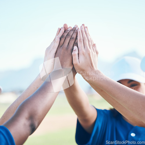 Image of Outdoor, sports and team with high five, support and motivation for a game, training or winning. Celebration, closeup or hands with gesture, group and commitment with teamwork, exercise or solidarity