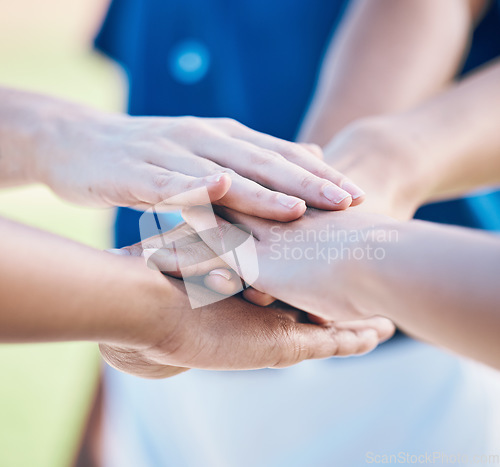 Image of Sports, hands stack and together for baseball team building, match motivation or competition support. Closeup player, softball commitment and group of people collaboration, teamwork and solidarity