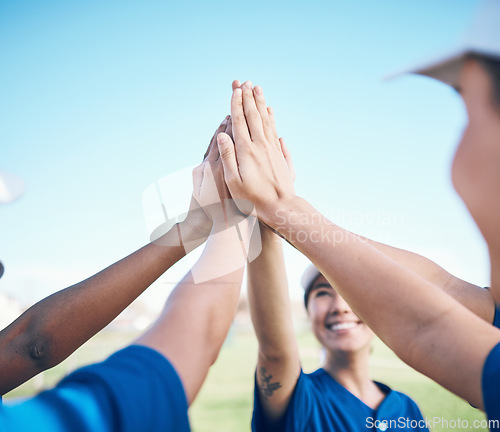 Image of Sports hands, high five celebration and baseball team building for motivation, match winner or competition support. Player achievement, success and group of people congratulations, goals and teamwork