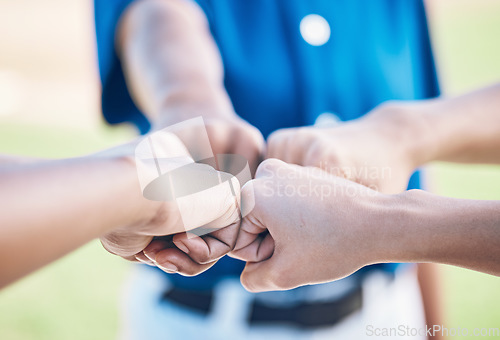 Image of Sports fist bump, hands together and baseball team building, teamwork motivation or celebrate competition success. Closeup player, softball group and people collaboration, partnership and solidarity