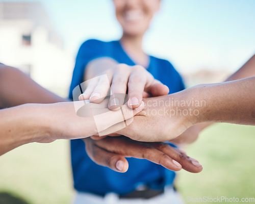 Image of Baseball player, hands stack and together for team celebration, group teamwork or athlete goals support. Closeup champion, softball event winner and people celebrate match competition success