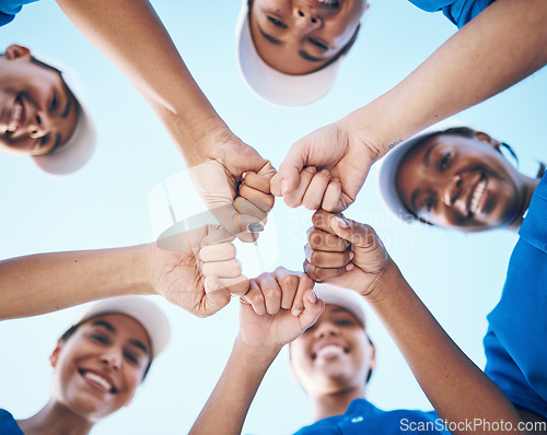 Image of Sports, fist and portrait of baseball women below for support, teamwork and goal collaboration. Fitness, face and friends hands together for softball training, commitment or team power motivation