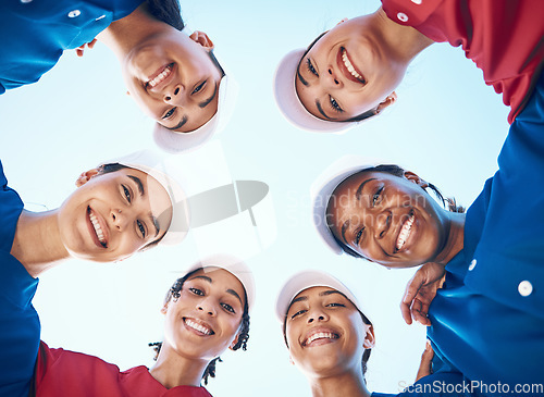 Image of Women, team and softball, sports and huddle with fitness, professional and athlete group together in portrait. Mission, smile and support, trust and low angle, people plan baseball game and diversity