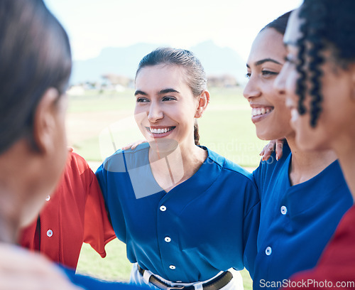 Image of Sports team, baseball or friends in huddle for fitness, competition or game. Teamwork, happy and group of women on a softball field for planning, training and communication or funny conversation