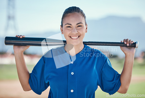 Image of Sports, portrait and woman with a baseball, bat and smile at a field for training, workout or match practice. Happy, face and female softball batter at a park for competition, performance and workout