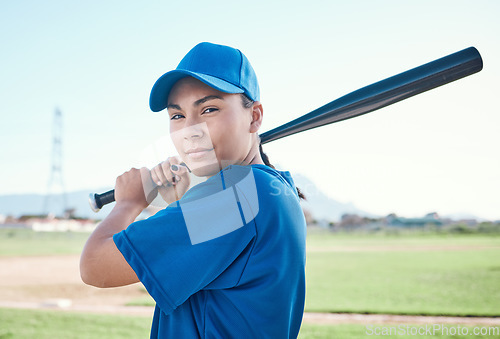 Image of Baseball, bat and portrait of a sports person outdoor on a pitch for performance and competition. Professional athlete or softball player with gear, swing and ready for a game, training or exercise