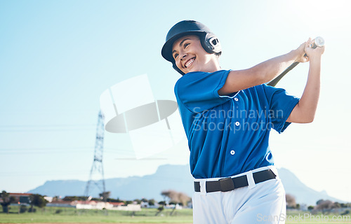 Image of Baseball, bat and swing of a woman outdoor on a pitch for sports, performance and competition. Professional athlete or softball player with a smile, space and ready for game, training or exercise