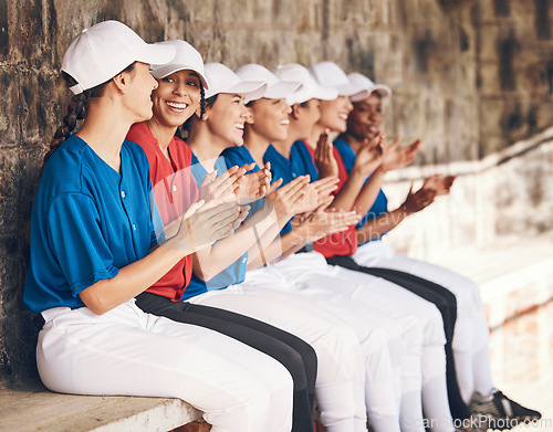 Image of Sports, baseball dugout and team applause for motivation, match winner and game praise, contest or competition support. Player achievement, success and women clapping, congratulations and teamwork