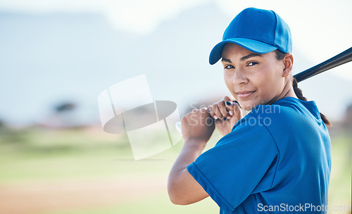 Image of Baseball, bat and portrait of a woman outdoor on a pitch for sports, performance and competition. Professional athlete or softball player with mockup, space and ready for game, training or exercise