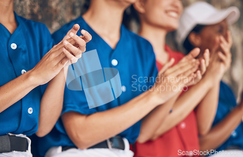 Image of Sports hands, applause and baseball team watch game, celebrate homerun and support softball player from dugout. Success achievement, winner and closeup people clapping, congratulations and teamwork