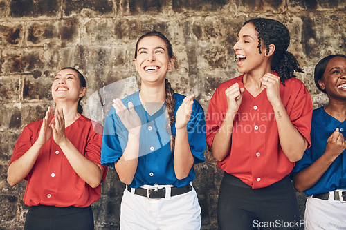 Image of Happy woman, baseball and team in applause, celebration or winning cheer in sports game. Group of female athlete or players clapping in teamwork, motivation or support in unity or achievement success