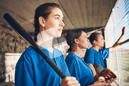 Image of Women, team and softball, sports and game with fitness, professional and athlete group together. Mission. confidence and support, trust and exercise, people ready to play baseball and club in dugout