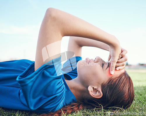 Image of Sports, headache and woman on a baseball field with fatigue, burnout or health, crisis and mistake. Fitness, migraine and softball player on ground with pain, vertigo or stress, problem or accident