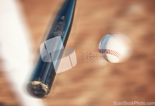 Image of Softball, hit and closeup of field for training, sports and fitness, competition or outdoor exercise. Blur, ball and bat on a baseball background with power strike in action, speed or performance