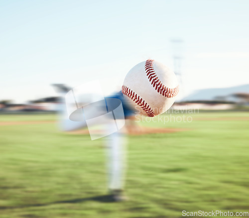 Image of Baseball, ball and closeup of person pitching outdoor on a sports pitch for performance and competition. Professional athlete or softball player throw for a game, training or challenge on a field