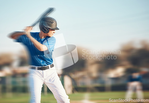 Image of Baseball, bat and a person swing outdoor on a pitch for sports, performance and competition. Professional athlete or softball player with motion blur game, training or exercise on a field with space