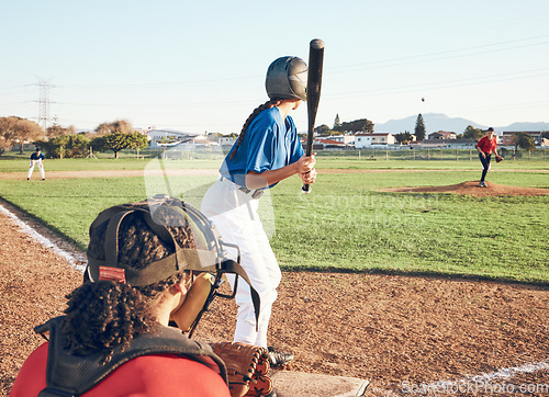 Image of Baseball player, bat and outdoor on a pitch for sports, performance and competition. Professional athlete or softball people ready for a game, training or exercise challenge at field or stadium