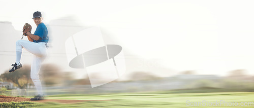 Image of Baseball, pitching and sports person outdoor on a pitch for performance and competition. Professional athlete or softball player for a game or training at field or stadium with mockup banner space