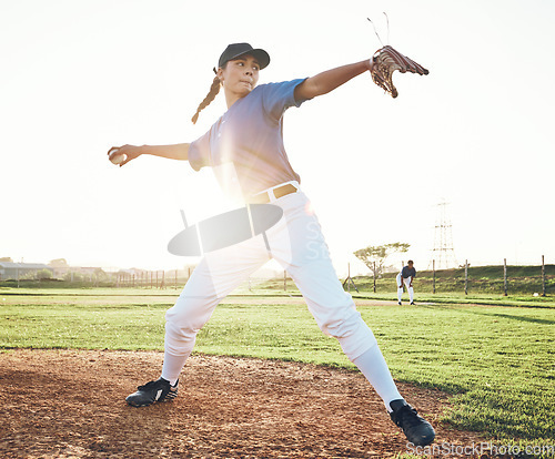 Image of Pitching a ball, baseball and person outdoor on a pitch for sports, performance and competition. Professional athlete or softball player for a game, training or exercise challenge at field or stadium