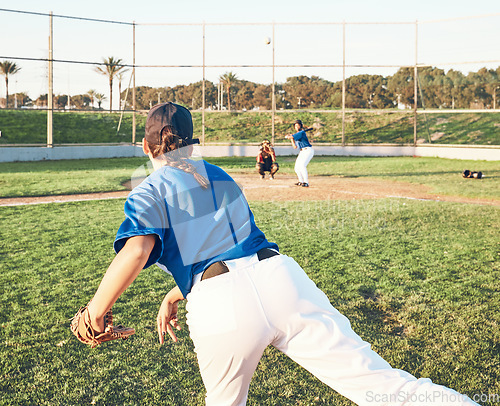 Image of Pitching, baseball and a sports person outdoor on a pitch for performance or competition. Behind professional athlete or softball player for throw, fitness and team for a game, training or exercise