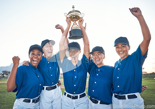 Image of Baseball, trophy and winning team portrait with women outdoor on a pitch for sports competition. Professional athlete or softball player group celebrate champion prize, win or achievement at a game