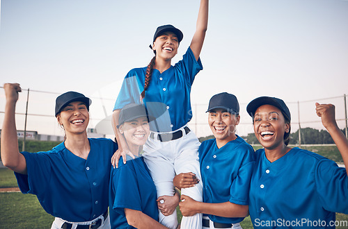 Image of Baseball player, team and celebrate win portrait of women outdoor on a pitch for sports competition. Professional athlete or softball group with success, winning fist or achievement at a game