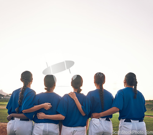 Image of Women, team and softball, sports and support, fitness and back view with mockup space and athlete group together. Sunset, sky and solidarity, trust and exercise with baseball player people outdoor