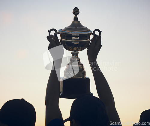 Image of Sunset, trophy in hands and silhouette and team with sports, athlete group and people outdoor with celebration. Winning, club and success with prize, reward and bonus, sky and support and achievement