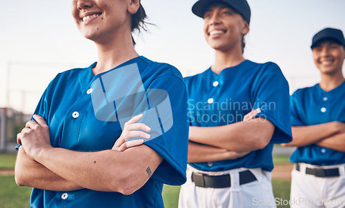 Image of Softball, competition and women team proud or ready for outdoor sports match or game for academy together. Respect, teamwork and players in solidarity for Mexico training and workout on field