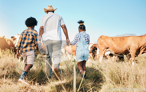 Image of Farm, cows and father holding hands with children in countryside for ecology, adventure and vacation. Family, sustainable farming and back of dad with kids for bonding, relax and learning with animal